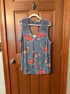 Daniel Rainn Blue Floral Tank with Crochet Lace Yoke